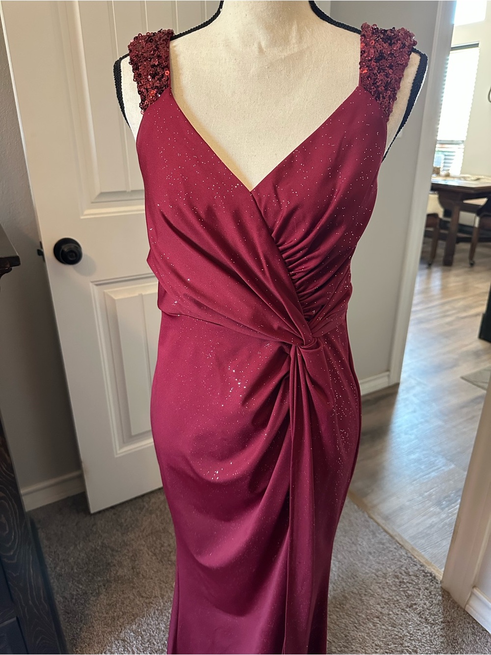 Ever Pretty Burgundy Sequin-Shoulder Wrap Prom Gown